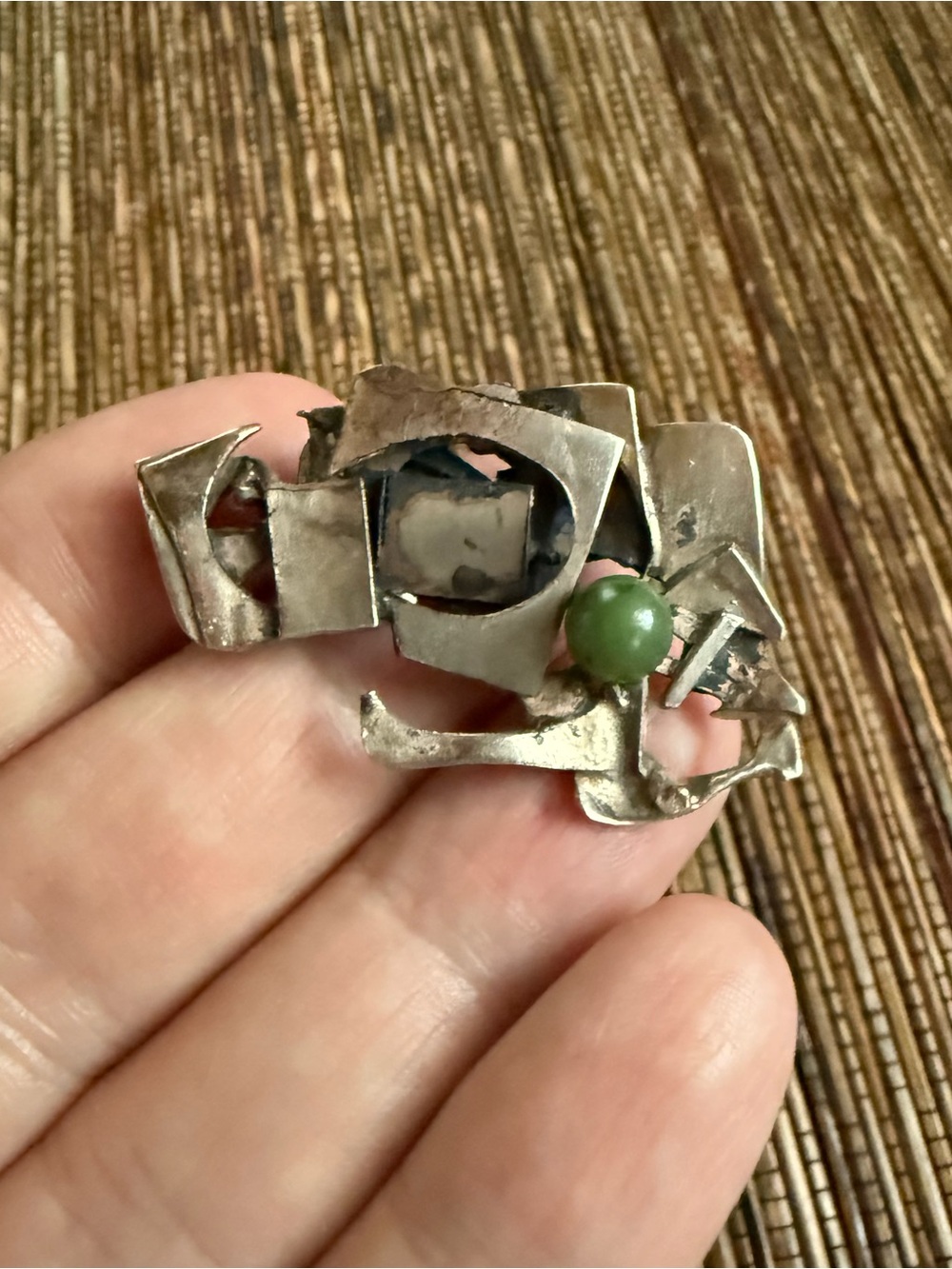 Brutalist Silver Brooch Artisan Jade Mid Century Modern Modernist